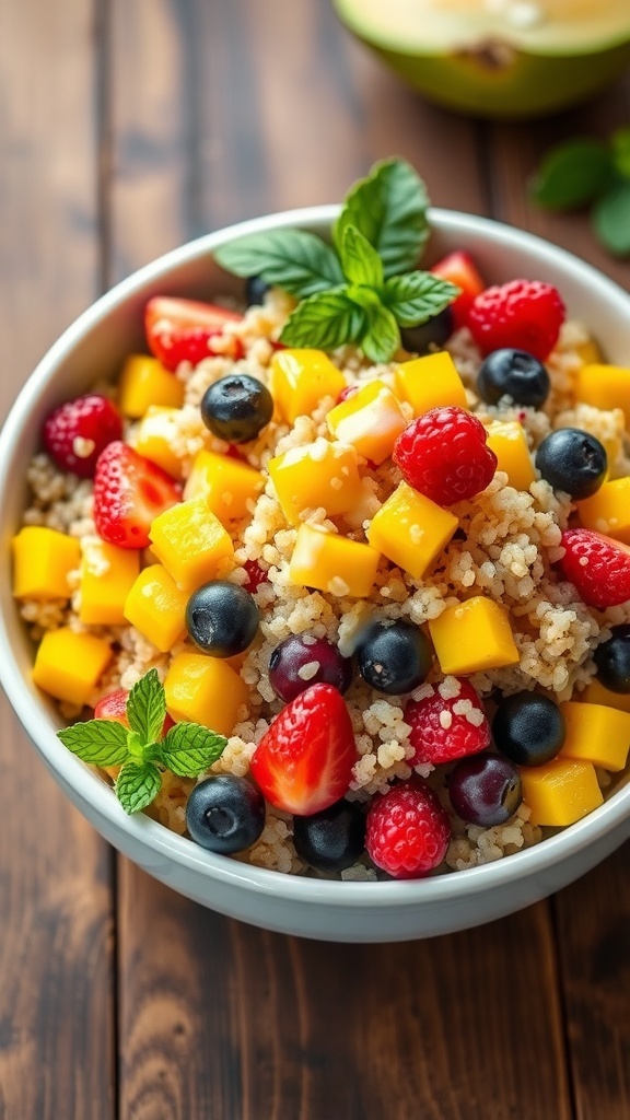 A colorful quinoa salad with mango, berries, and mint on a rustic table.